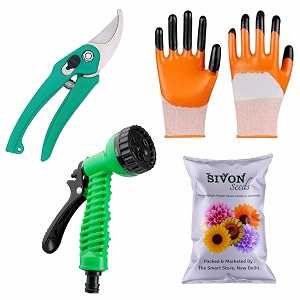 sivon gardening tools kit-4 pcs garden pruner gardening gloves orange water spray gun flower seeds packet  durable gardening tools  home gardening tool kit