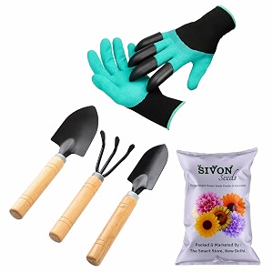 sivon gardening tools kit-5 pcs garden gloves with claws cultivator big trowel small trowel flower seeds packet  durable gardening tools  home gardening tool kit