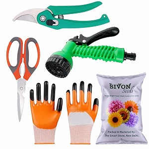 sivon gardening tools kit-5 pcs garden pruner garden scissor gardening gloves orange water spray gun flower seeds packet  durable gardening tools  home gardening tool kit