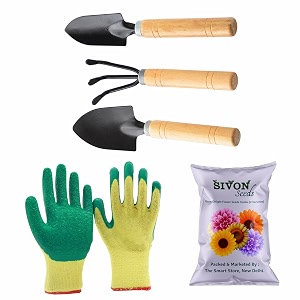 sivon gardening tools kit-5 pcs cultivator big trowel small trowel gardening gloves green flower seeds packet  durable gardening tools  home gardening tool kit