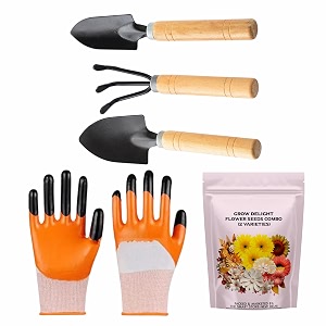sivon gardening tools kit-5 pcs cultivator big trowel small trowel gardening gloves orange flower seeds packet  durable gardening tools  home gardening tool kit