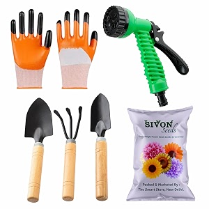 sivon gardening tools kit-6 pcs cultivator big trowel small trowel gardening gloves orange water spray gun flower seeds packet  durable gardening tools  home gardening tool kit