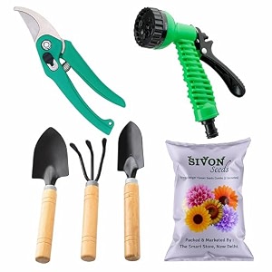 sivon gardening tools kit-6 pcs cultivator big trowel small trowel garden pruner water spray gun flower seeds packet  durable gardening tools  home gardening tool kit