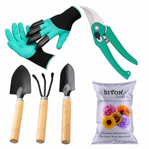 sivon gardening tools kit-6 pcs garden gloves with claws cultivator big trowel small trowel garden pruner flower seeds packet  durable gardening tools  home gardening tool kit