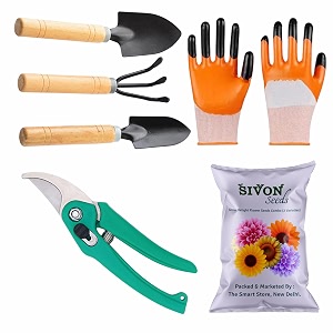sivon gardening tools kit-6 pcs cultivator big trowel small trowel garden pruner gardening gloves orange flower seeds packet  durable gardening tools  home gardening tool kit
