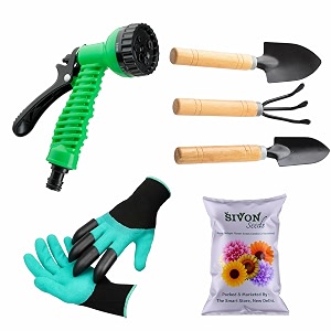 sivon gardening tools kit-6 pcs garden gloves with claws cultivator big trowel small trowel water spray gun flower seeds packet  durable gardening tools