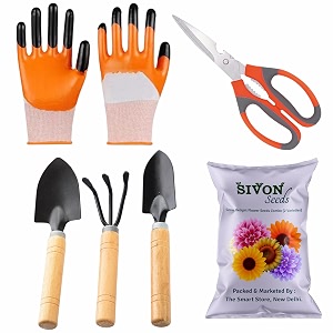 sivon gardening tools kit-6 pcs cultivator big trowel small trowel garden scissor gardening gloves orange flower seeds packet  durable gardening tools  home gardening tool kit