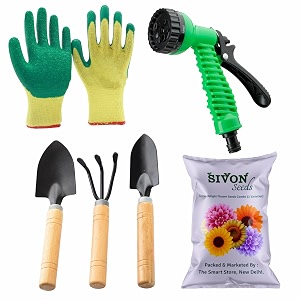 sivon gardening tools kit-6 pcs cultivator big trowel small trowel gardening gloves green water spray gun flower seeds packet  durable gardening tools  home gardening tool kit