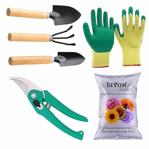 sivon gardening tools kit-6 pcs cultivator big trowel small trowel garden pruner gardening gloves green flower seeds packet  durable gardening tools  home gardening tool kit