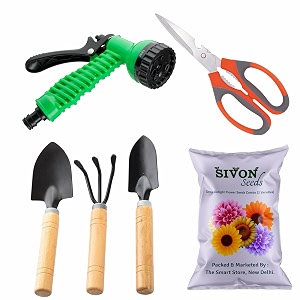 sivon gardening tools kit-6 pcs cultivator big trowel small trowel garden scissor water spray gun flower seeds packet  durable gardening tools  home gardening tool kit