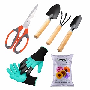 sivon gardening tools kit-6 pcs garden gloves with claws cultivator big trowel small trowel garden scissor flower seeds packet  durable gardening tools