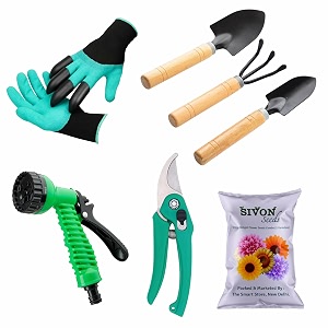 sivon gardening tools kit-7 pcs garden gloves with claws cultivator big trowel small trowel garden pruner water spray gun flower seeds packet  durable gardening tools