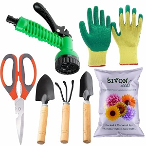 sivon gardening tools kit-7 pcs cultivator big trowel small trowel garden scissor gardening gloves green water spray gun flower seeds packet  durable gardening tools