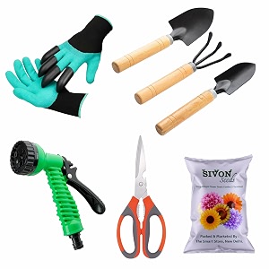 sivon gardening tools kit-7 pcs garden gloves with claws cultivator big trowel small trowel garden scissor water spray gun flower seeds packet  durable gardening tools