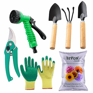 sivon gardening tools kit-7 pcs cultivator big trowel small trowel garden pruner gardening gloves green water spray gun flower seeds packet  durable gardening tools