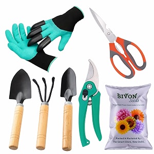 sivon gardening tools kit-7 pcs gloves with claws cultivator big trowel small trowel garden pruner garden scissor flower seeds packet