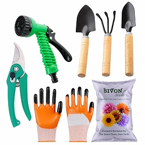sivon gardening tools kit-7 pcs cultivator big trowel small trowel garden pruner gardening gloves orange water spray gun flower seeds packet  durable gardening tools