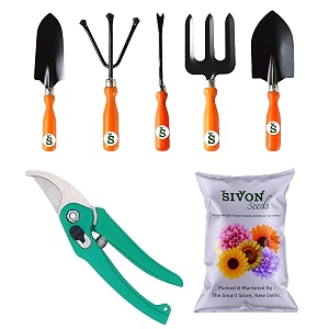 sivon gardening tools kit-7 pcs fork cultivator big trowel small trowel weeder garden pruner flower seeds packet  durable gardening tools  home gardening tool kit