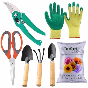 sivon gardening tools kit-7 pcs cultivator big trowel small trowel garden pruner garden scissor gardening gloves green flower seeds packet  durable gardening tools