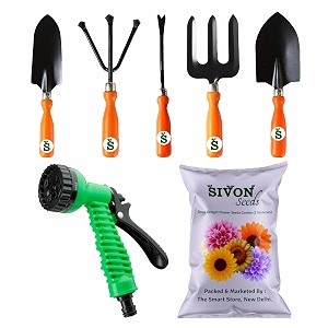 sivon gardening tools kit-7 pcs fork cultivator big trowel small trowel weeder water spray gun flower seeds packet  durable gardening tools  home gardening tool kit