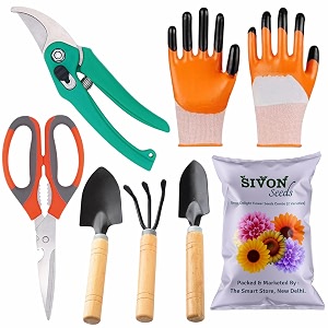 sivon gardening tools kit-7 pcs cultivator big trowel small trowel garden pruner garden scissor gardening gloves orange flower seeds packet  durable gardening tools