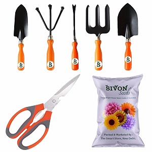 sivon gardening tools kit-7 pcs fork cultivator big trowel small trowel weeder garden scissor flower seeds packet  durable gardening tools  home gardening tool kit