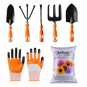 sivon gardening tools kit-7 pcs fork cultivator big trowel small trowel weeder gardening gloves orange flower seeds packet  durable gardening tools  home gardening tool kit