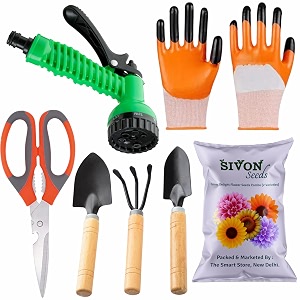sivon gardening tools kit-7 pcs cultivator big trowel small trowel garden scissor gardening gloves orange water spray gun flower seeds packet  durable gardening tools