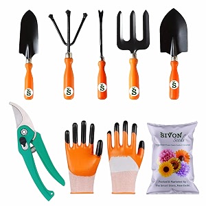 sivon gardening tools kit-8 pcs fork cultivator big trowel small trowel weeder garden pruner gardening gloves orange flower seeds packet  durable gardening tools
