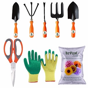 sivon gardening tools kit-8 pcs fork cultivator big trowel small trowel weeder garden scissor gardening gloves green flower seeds packet  durable gardening tools