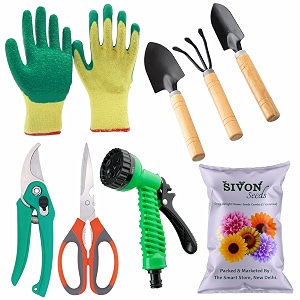 sivon gardening tools kit-8 pcs cultivator big trowel small trowel garden pruner garden scissor gardening gloves green water spray gun flower seeds packet  durable gardening tools