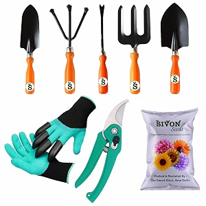 sivon gardening tools kit-8 pcs fork cultivator big trowel small trowel weeder garden gloves with claws garden pruner flower seeds packet  durable gardening tools