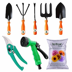 sivon gardening tools kit-8 pcs fork cultivator big trowel small trowel weeder garden pruner water spray gun flower seeds packet  durable gardening tools  home gardening tool kit