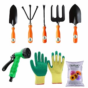sivon gardening tools kit-8 pcs fork cultivator big trowel small trowel weeder gardening gloves green water spray gun flower seeds packet  durable gardening tools