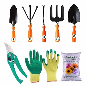 sivon gardening tools kit-8 pcs fork cultivator big trowel small trowel weeder garden pruner gardening gloves green flower seeds packet  durable gardening tools