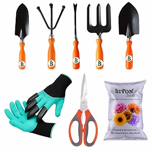 sivon gardening tools kit-8 pcs fork cultivator big trowel small trowel weeder garden gloves with claws garden scissor flower seeds packet  durable gardening tools