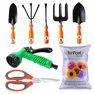sivon gardening tools kit-8 pcs fork cultivator big trowel small trowel weeder garden scissor water spray gun flower seeds packet  durable gardening tools  home gardening tool kit