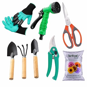 sivon gardening tools kit-8 pcs gloves with claws cultivator big trowel small trowel garden pruner garden scissor water spray gun flower seeds packet