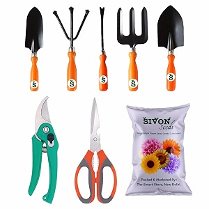 sivon gardening tools kit-8 pcs fork cultivator big trowel small trowel weeder garden pruner garden scissor flower seeds packet  durable gardening tools  home gardening tool kit