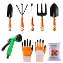 SIVON Gardening Tools Kit-8 Pcs (Fork, Cultivator, Big Trowel, Small Trowel, Weeder, Gardening Gloves Orange, Water Spray Gun, Flower Seeds Packet) | Durable Gardening Tools