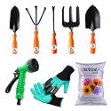SIVON Gardening Tools Kit-8 Pcs (Fork, Cultivator, Big Trowel, Small Trowel, Weeder, Garden Gloves with Claws, Water Spray Gun, Flower Seeds Packet) | Durable Gardening Tools