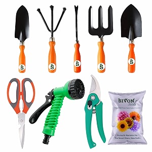 sivon gardening tools kit-9 pcs fork cultivator big trowel small trowel weeder garden pruner garden scissor water spray gun flower seeds packet  durable gardening tools