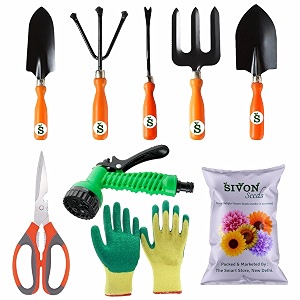 sivon gardening tools kit-9 pcs fork cultivator big trowel small trowel weeder garden scissor gardening gloves green water spray gun flower seeds packet  durable gardening tools