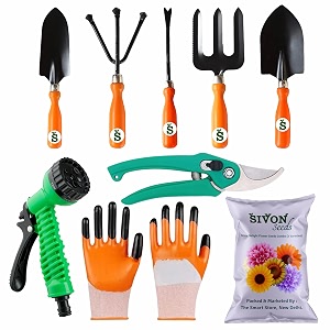 sivon gardening tools kit-9 pcs fork cultivator big trowel small trowel weeder garden pruner gardening gloves orange water spray gun flower seeds packet  durable gardening tools