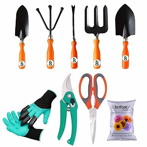 sivon gardening tools kit-9 pcs fork cultivator big trowel small trowel weeder garden gloves with claws pruner garden scissor flower seeds packet