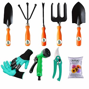 sivon gardening tools kit-9 pcs fork cultivator big trowel small trowel weeder garden gloves with claws garden pruner water spray gun flower seeds packet