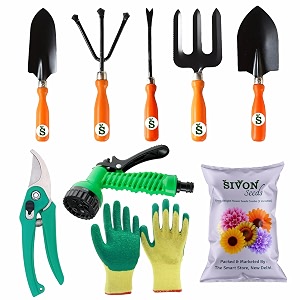 sivon gardening tools kit-9 pcs fork cultivator big trowel small trowel weeder garden pruner gardening gloves green water spray gun flower seeds packet  durable gardening tools