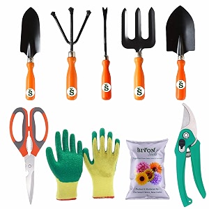 sivon gardening tools kit-9 pcs fork cultivator big trowel small trowel weeder garden pruner garden scissor gardening gloves green flower seeds packet  durable gardening tools