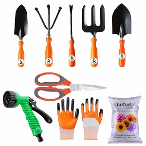 sivon gardening tools kit-9 pcs fork cultivator big trowel small trowel weeder garden scissor gardening gloves orange water spray gun flower seeds packet  durable gardening tools