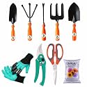 SIVON Gardening Tools Kit-9 Pcs (Fork, Cultivator, Big Trowel, Small Trowel, Weeder, Garden Gloves with Claws, Pruner, Garden Scissor, Flower Seeds Packet)